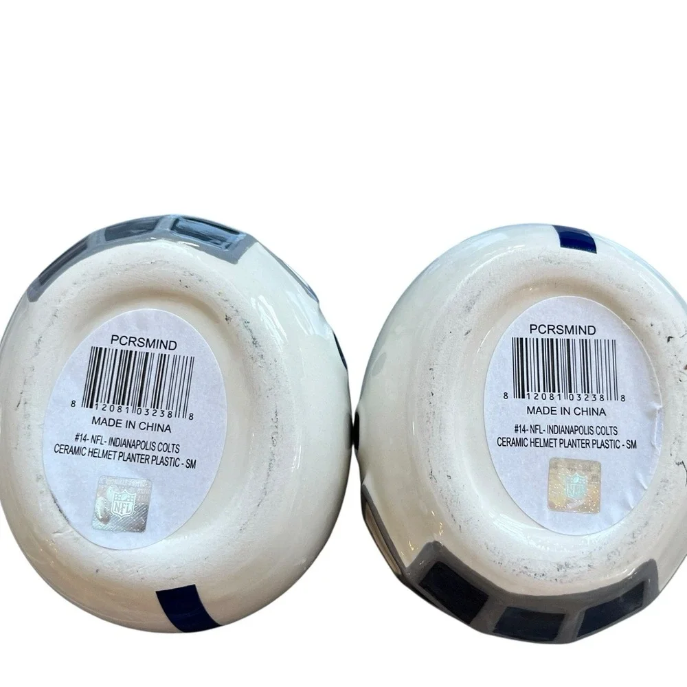 Set Of 2 Indianapolis Colts NFL Ceramic Helmet Planter Candy Bowl White Football